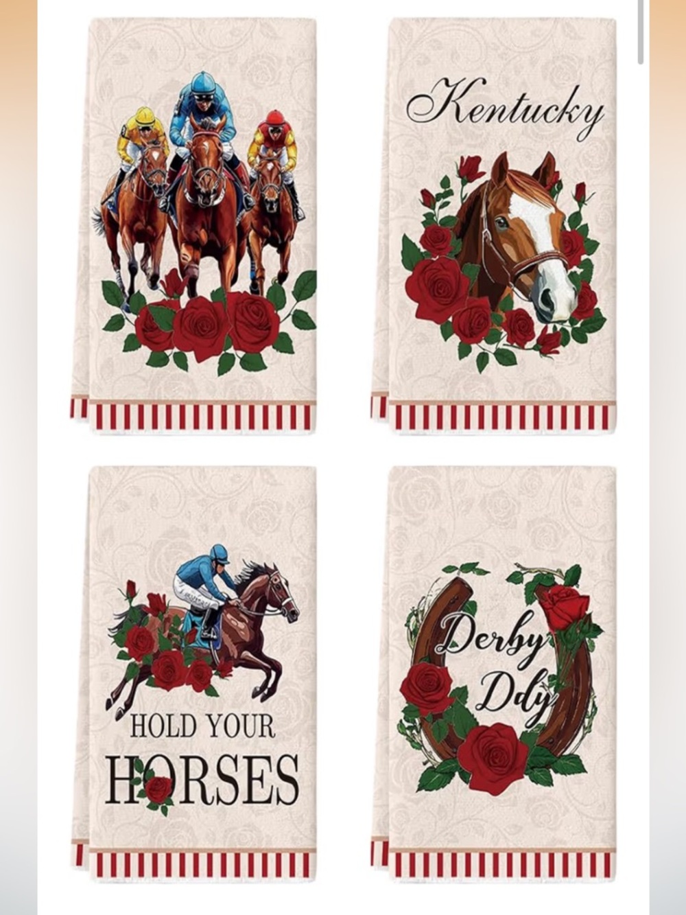 KENTUCKY DERBY KITCHEN TOWELS SET OF 8 - NWT 🐎🌹🏇🍽️